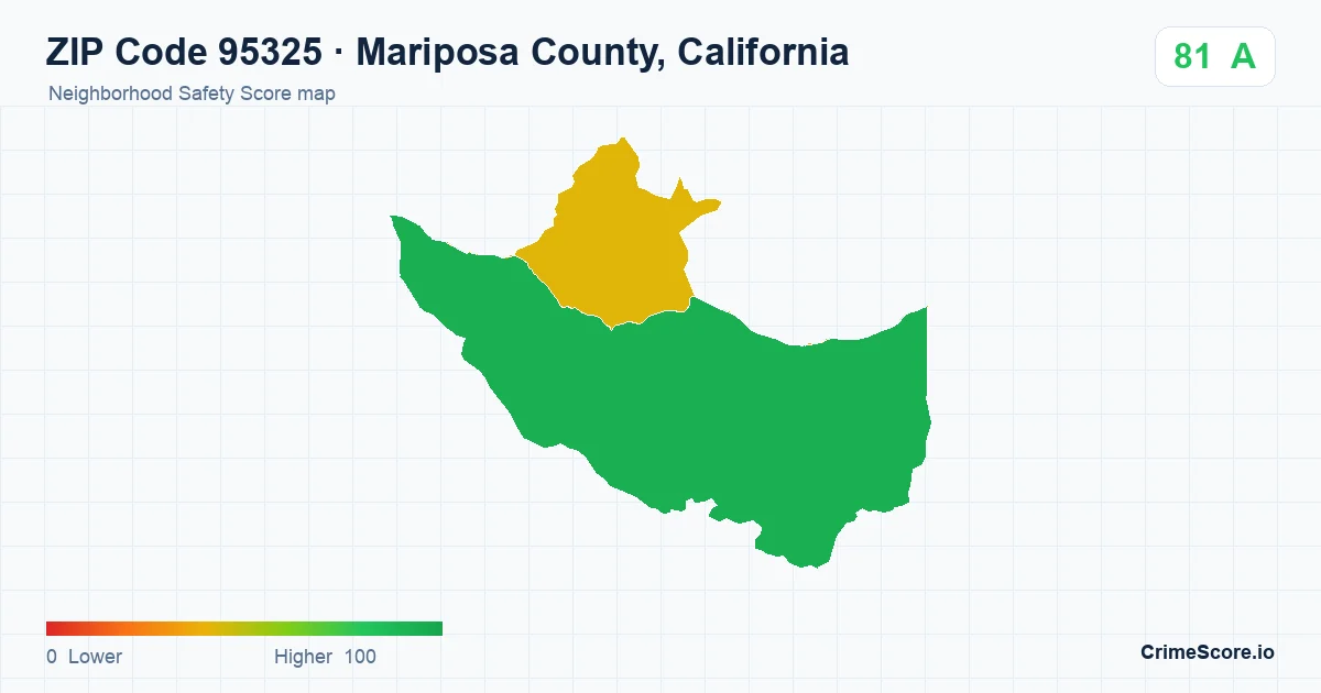 ZIP Code 95325 in Mariposa County, California neighborhood Safety Score map