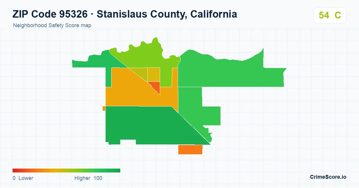 ZIP Code 95326 in Stanislaus County, California neighborhood Safety Score map