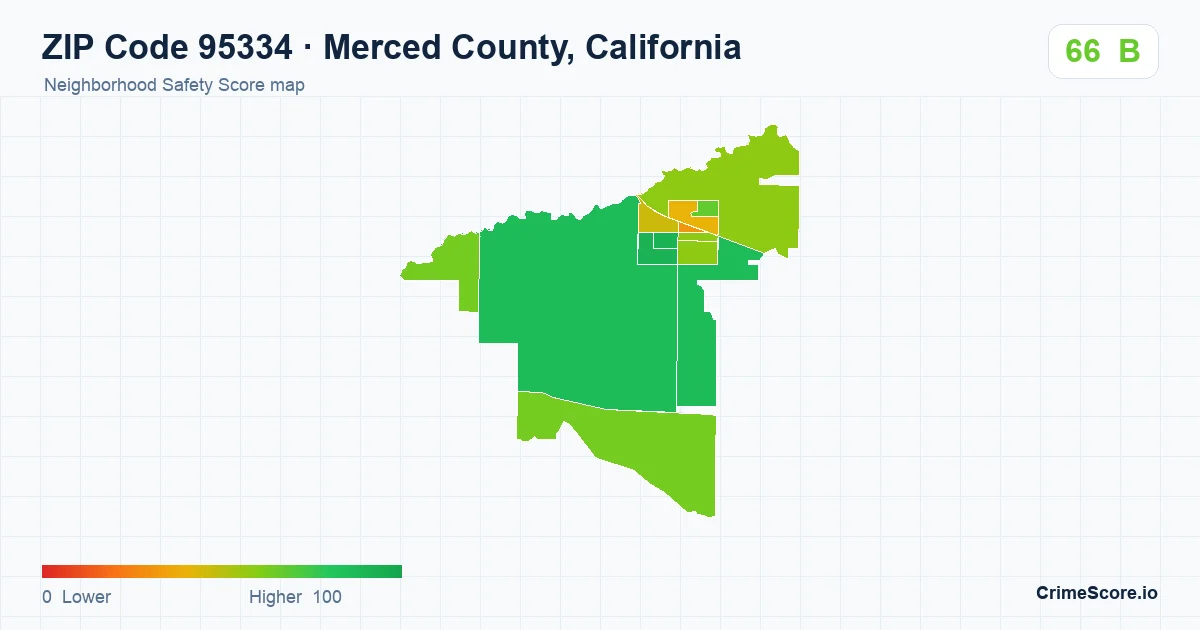 ZIP Code 95334 in Merced County, California neighborhood Safety Score map