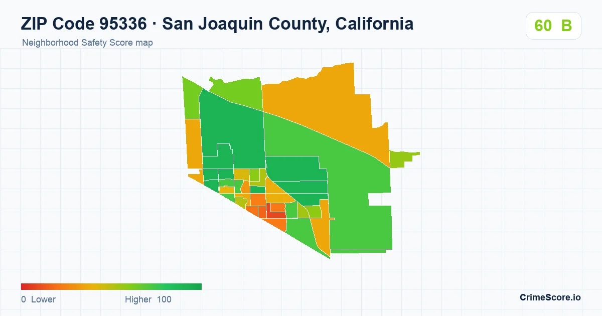ZIP Code 95336 in San Joaquin County, California neighborhood Safety Score map