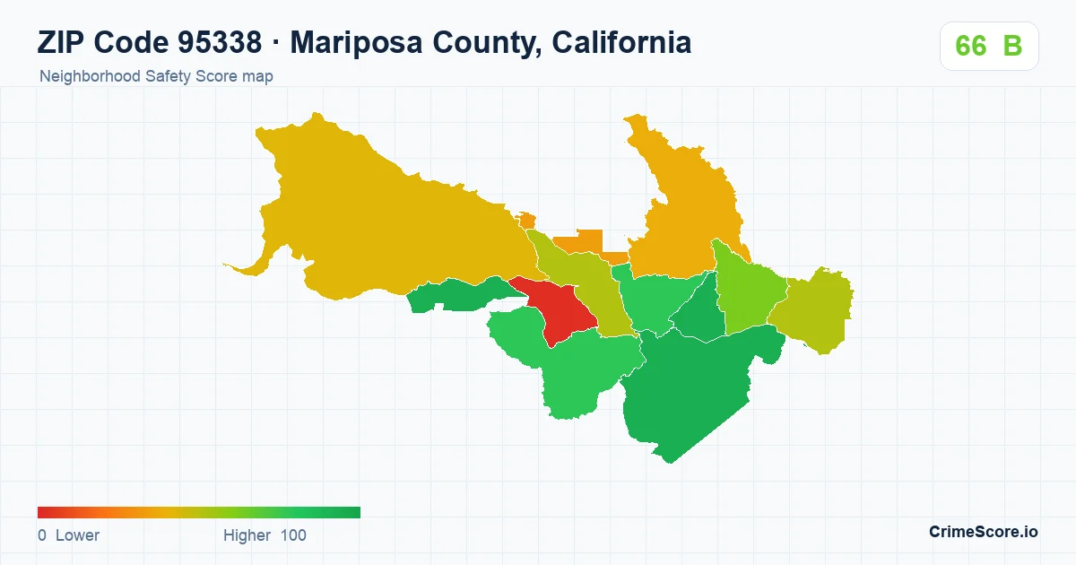 ZIP Code 95338 in Mariposa County, California neighborhood Safety Score map