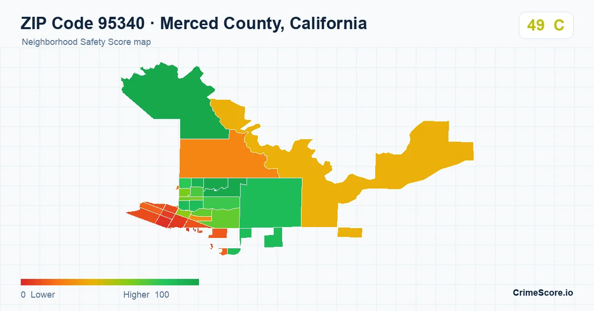 ZIP Code 95340 in Merced County, California neighborhood Safety Score map