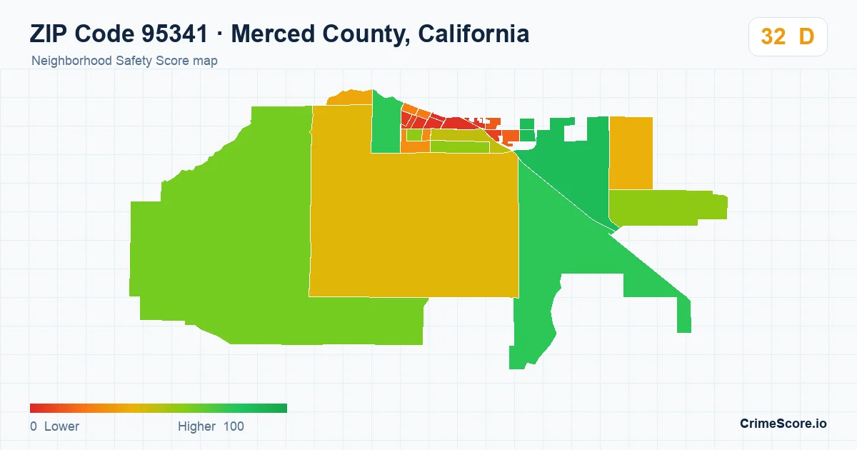 ZIP Code 95341 in Merced County, California neighborhood Safety Score map
