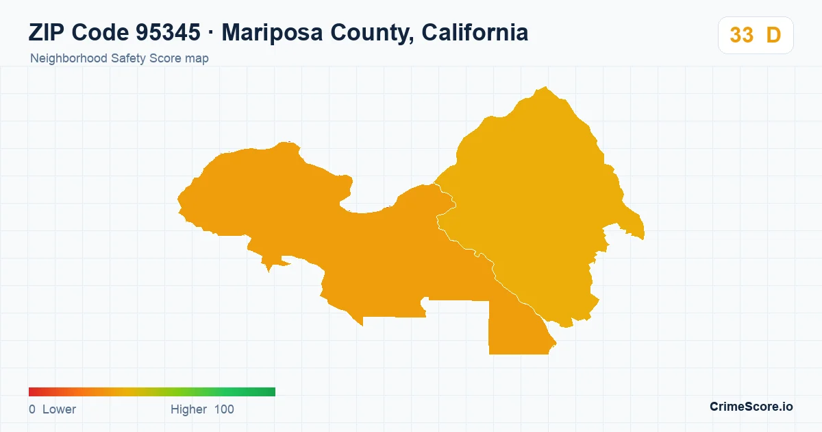ZIP Code 95345 in Mariposa County, California neighborhood Safety Score map