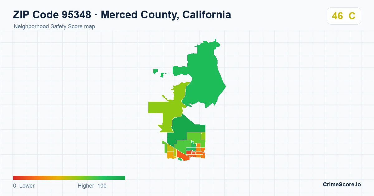 ZIP Code 95348 in Merced County, California neighborhood Safety Score map