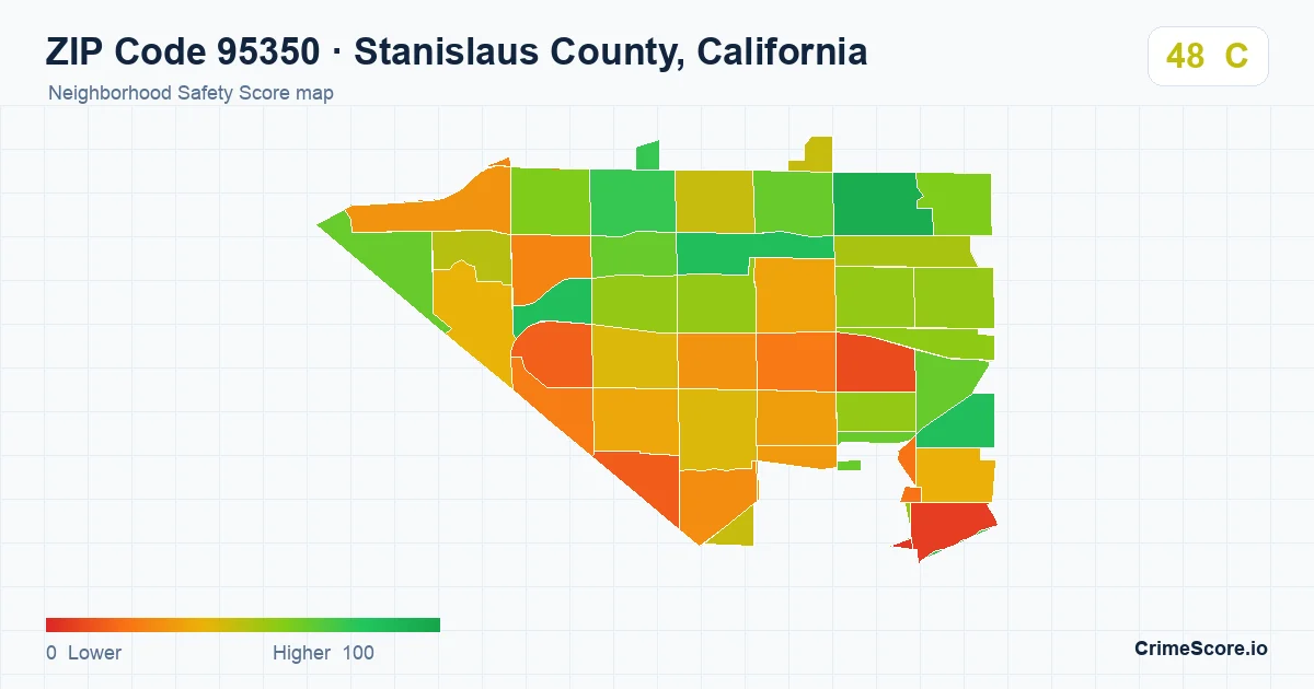 ZIP Code 95350 in Stanislaus County, California neighborhood Safety Score map