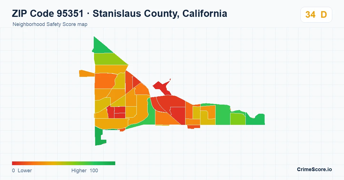 ZIP Code 95351 in Stanislaus County, California neighborhood Safety Score map
