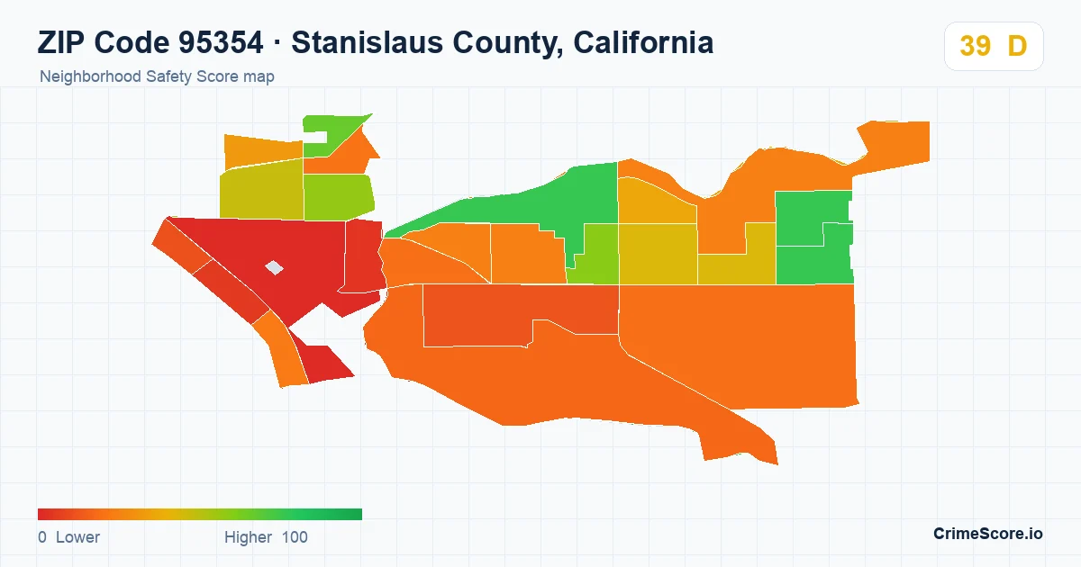 ZIP Code 95354 in Stanislaus County, California neighborhood Safety Score map