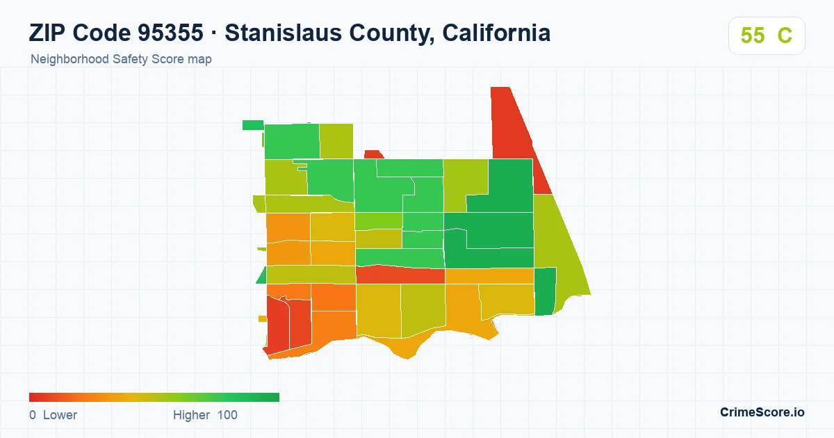 ZIP Code 95355 in Stanislaus County, California neighborhood Safety Score map