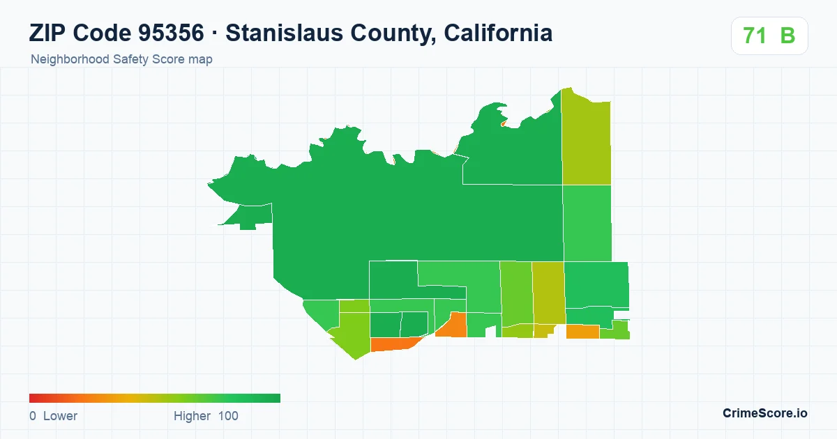 ZIP Code 95356 in Stanislaus County, California neighborhood Safety Score map
