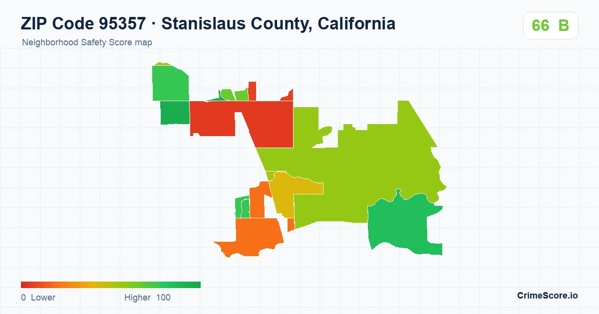 ZIP Code 95357 in Stanislaus County, California neighborhood Safety Score map