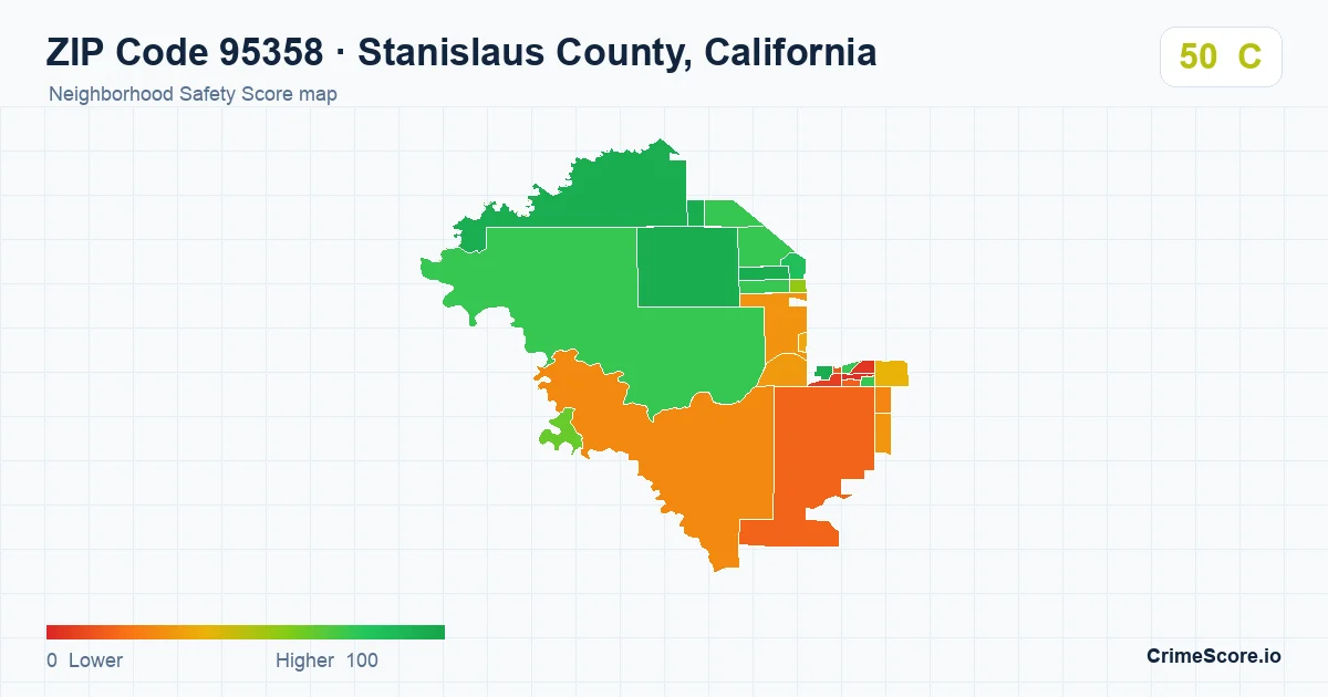ZIP Code 95358 in Stanislaus County, California neighborhood Safety Score map