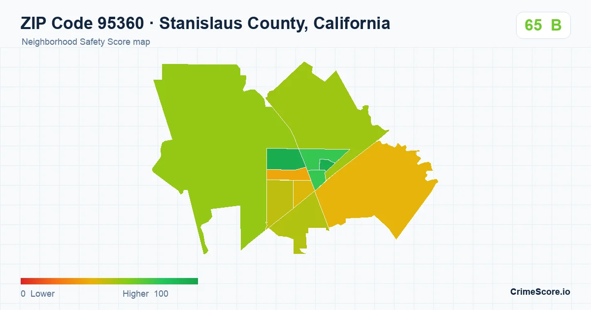 ZIP Code 95360 in Stanislaus County, California neighborhood Safety Score map