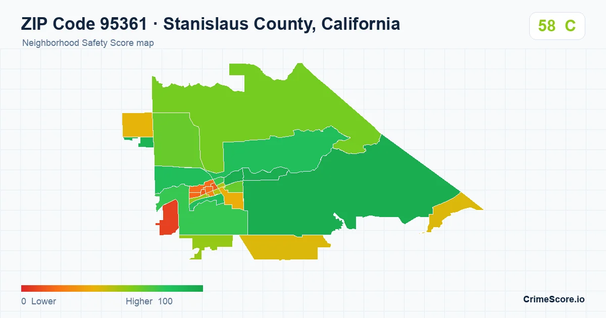 ZIP Code 95361 in Stanislaus County, California neighborhood Safety Score map