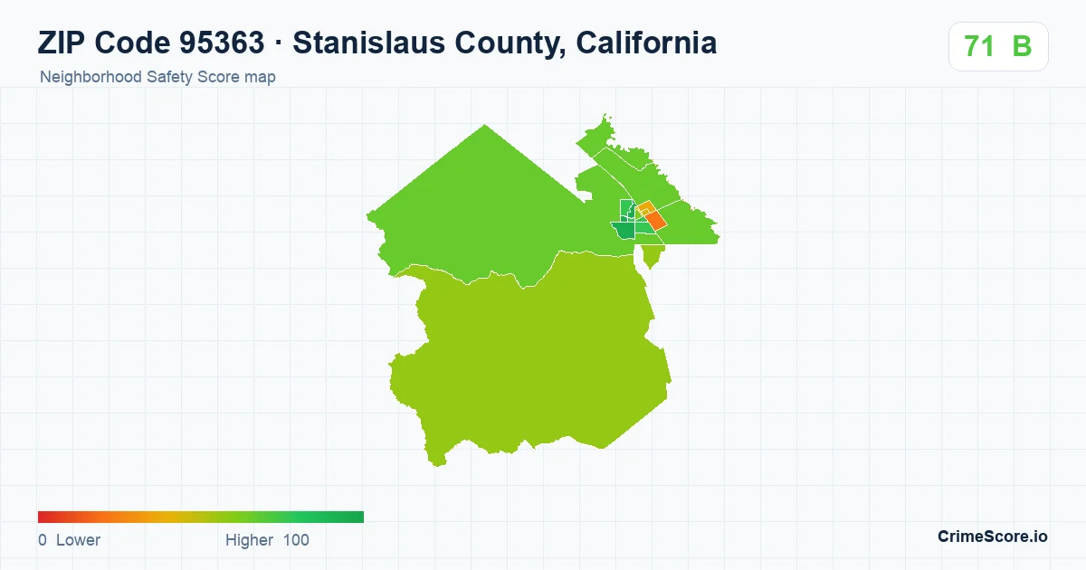 ZIP Code 95363 in Stanislaus County, California neighborhood Safety Score map