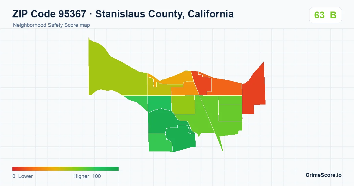 ZIP Code 95367 in Stanislaus County, California neighborhood Safety Score map