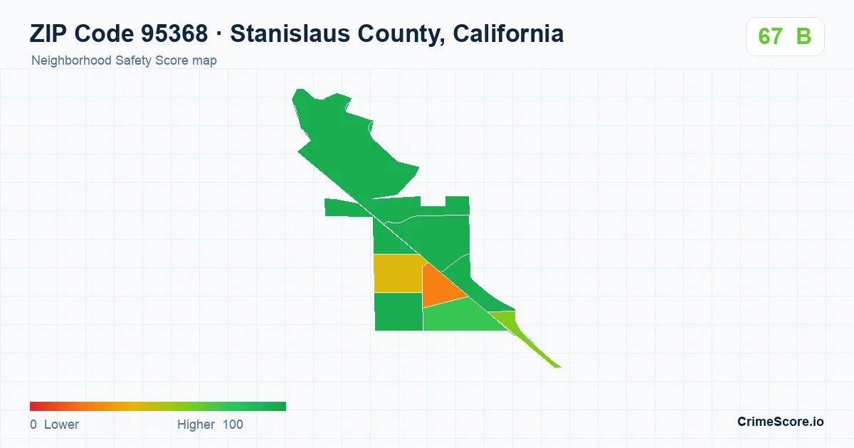 ZIP Code 95368 in Stanislaus County, California neighborhood Safety Score map