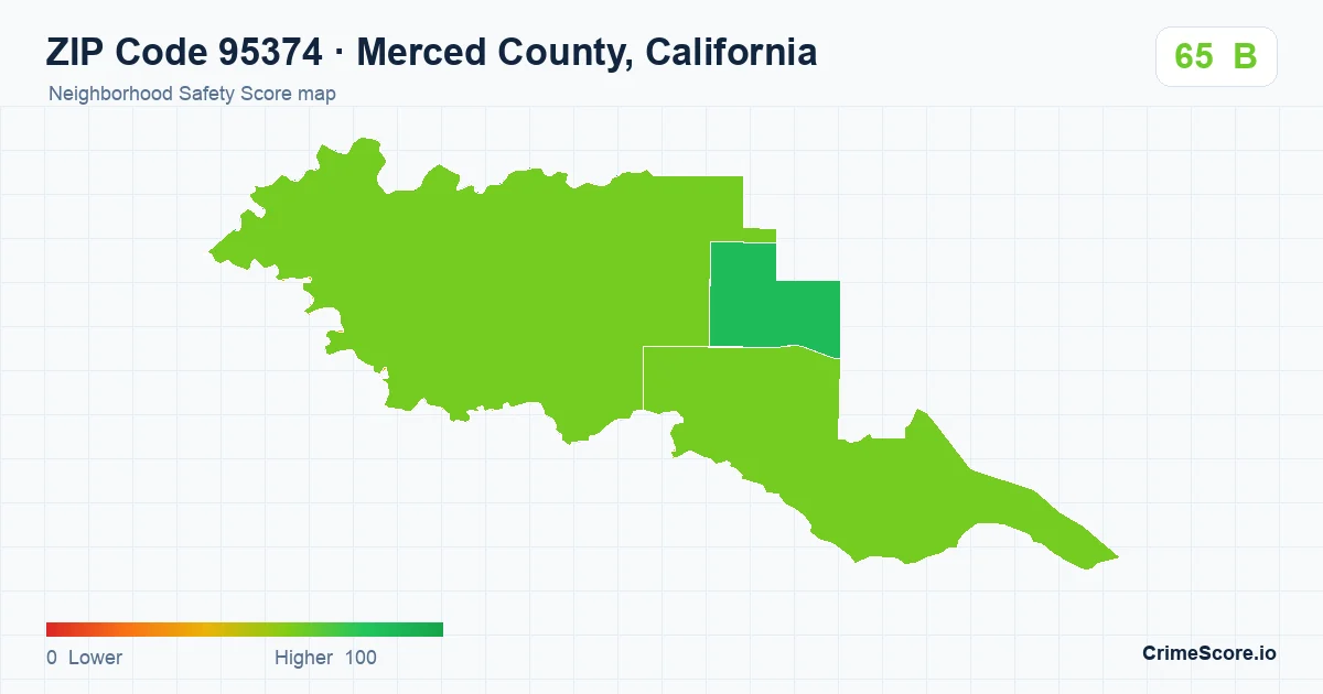 ZIP Code 95374 in Merced County, California neighborhood Safety Score map
