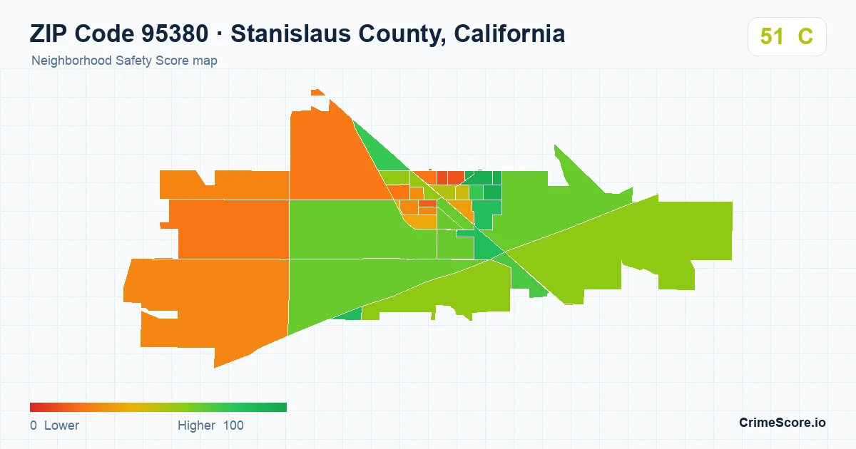 ZIP Code 95380 in Stanislaus County, California neighborhood Safety Score map