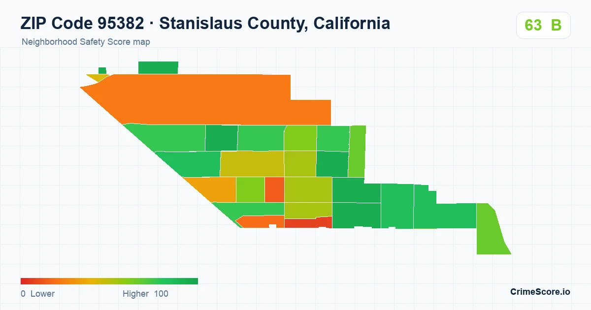 ZIP Code 95382 in Stanislaus County, California neighborhood Safety Score map