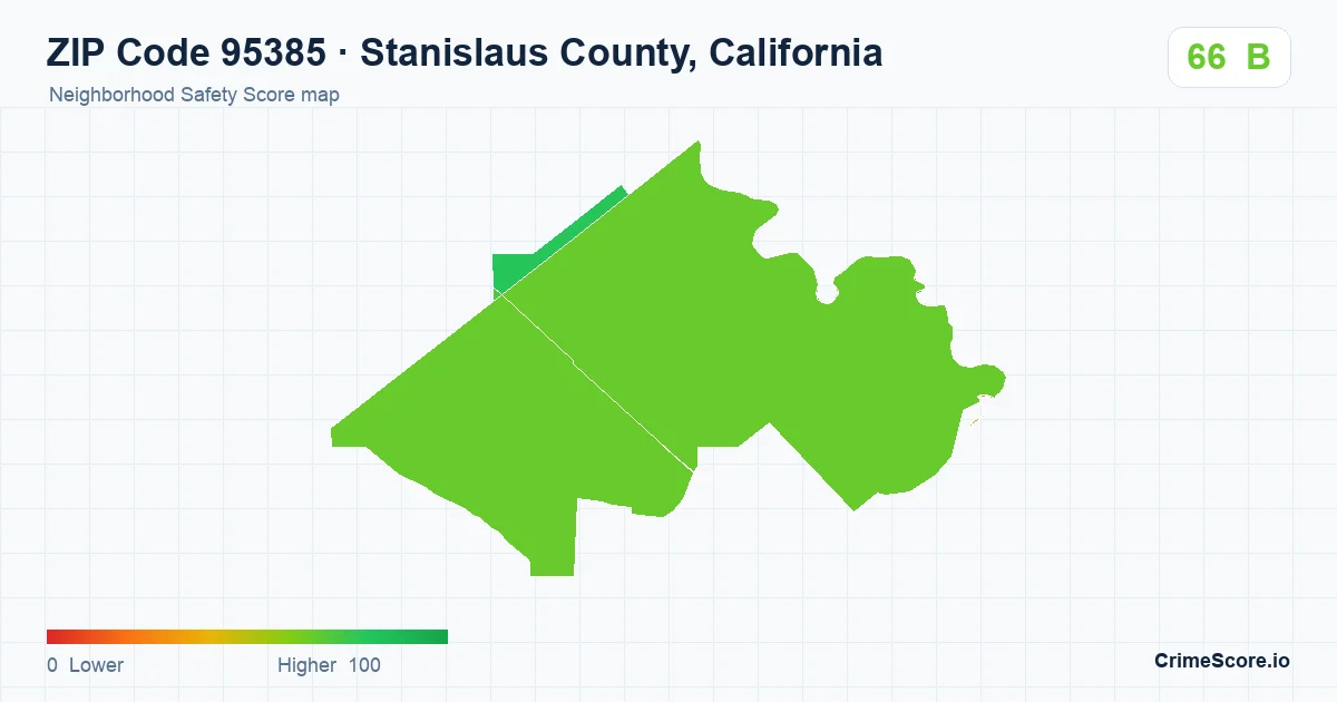 ZIP Code 95385 in Stanislaus County, California neighborhood Safety Score map