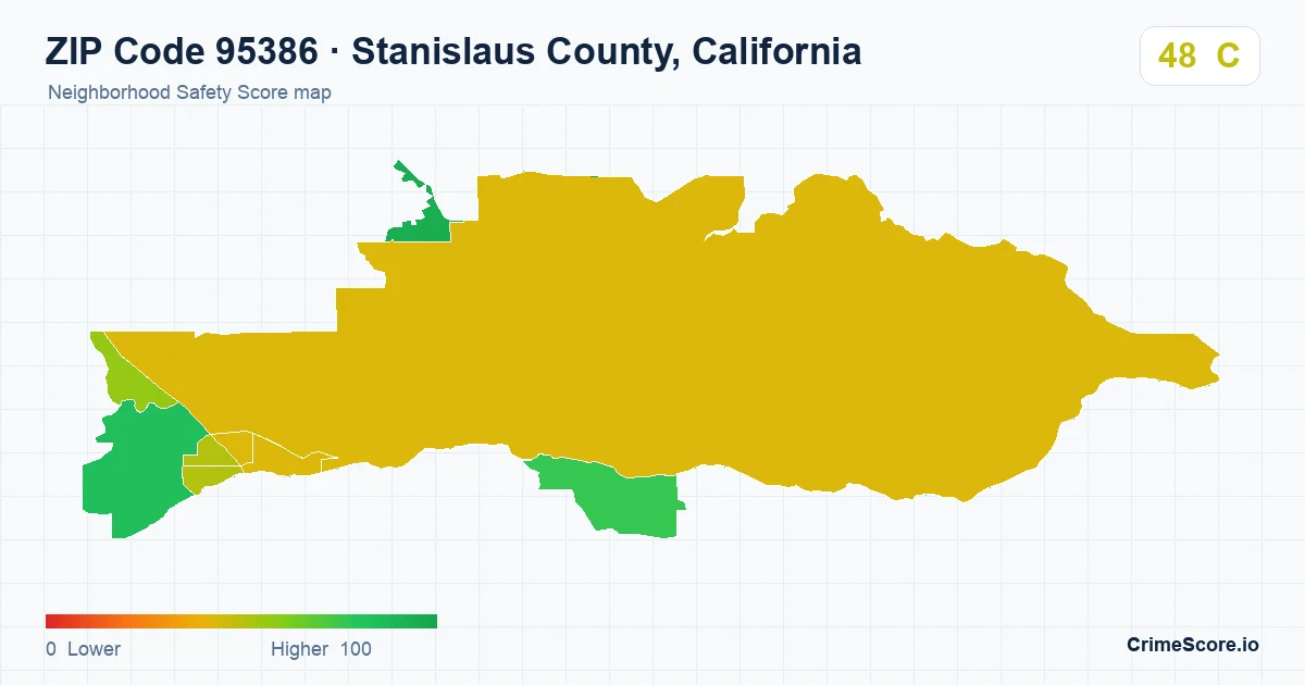 ZIP Code 95386 in Stanislaus County, California neighborhood Safety Score map