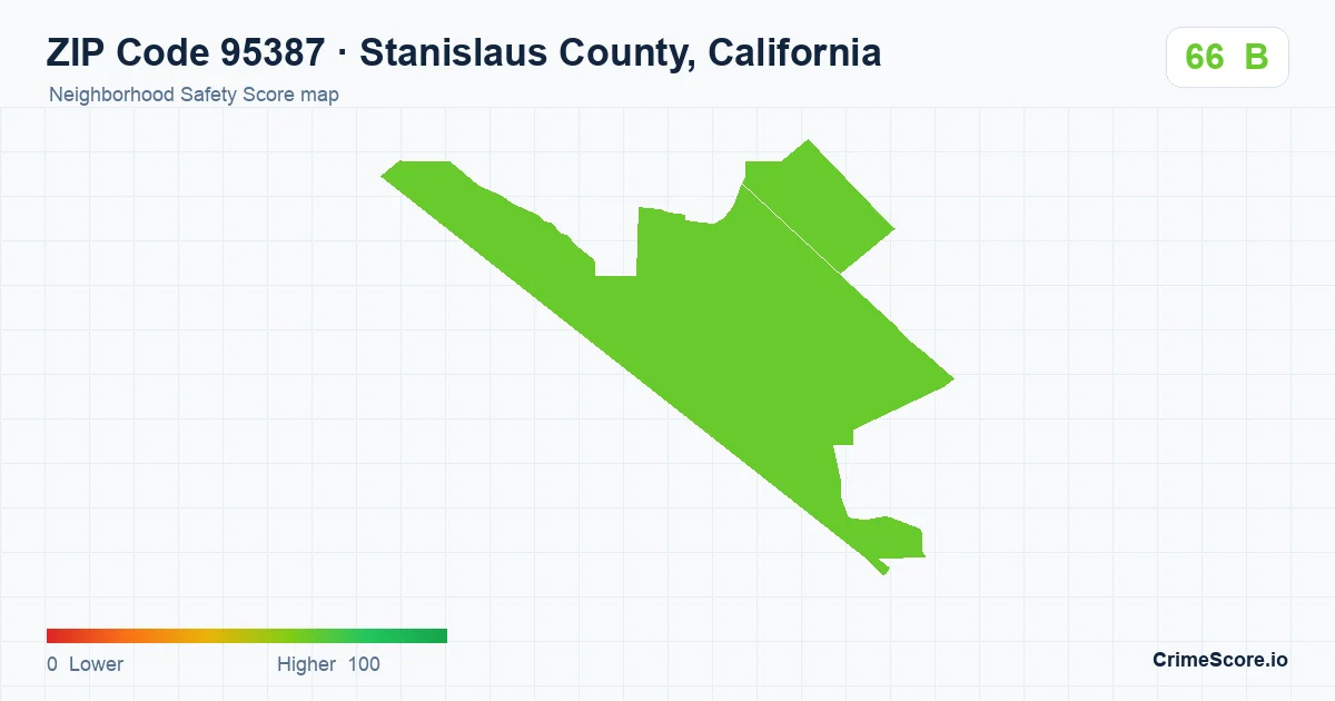 ZIP Code 95387 in Stanislaus County, California neighborhood Safety Score map