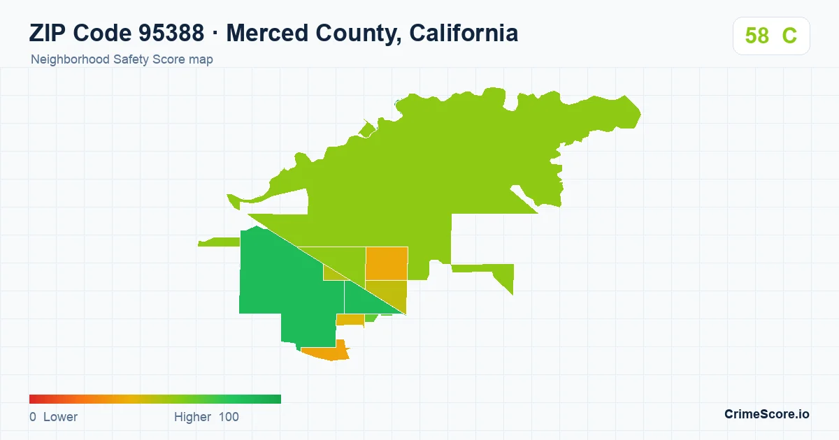 ZIP Code 95388 in Merced County, California neighborhood Safety Score map