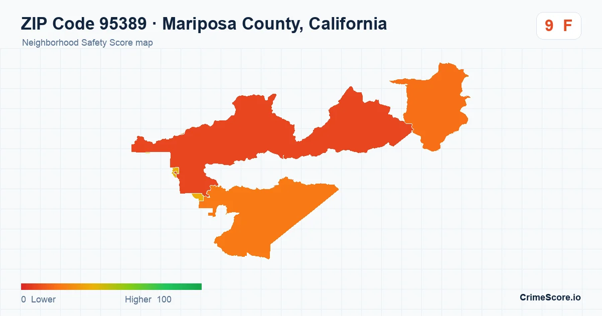 ZIP Code 95389 in Mariposa County, California neighborhood Safety Score map