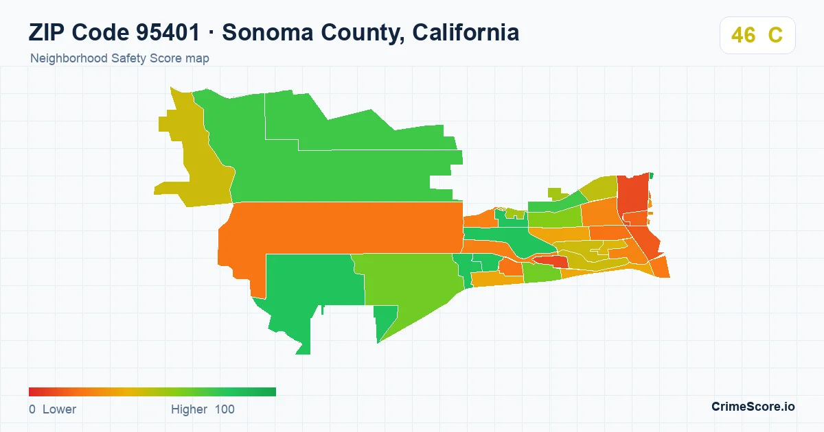 ZIP Code 95401 in Sonoma County, California neighborhood Safety Score map