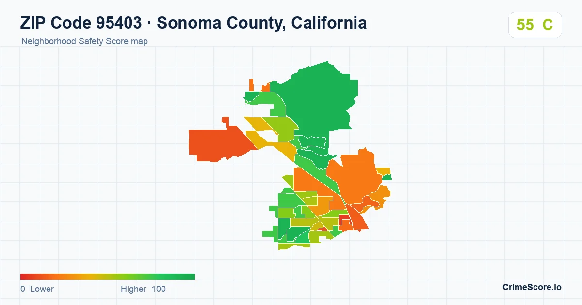 ZIP Code 95403 in Sonoma County, California neighborhood Safety Score map