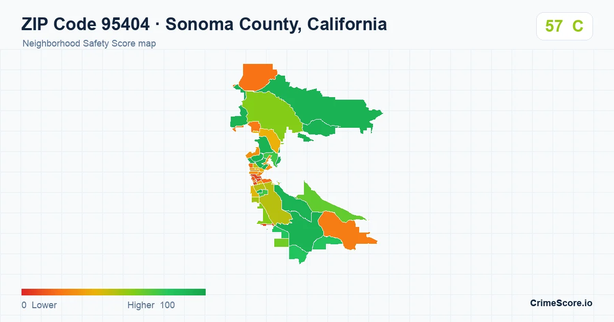 ZIP Code 95404 in Sonoma County, California neighborhood Safety Score map