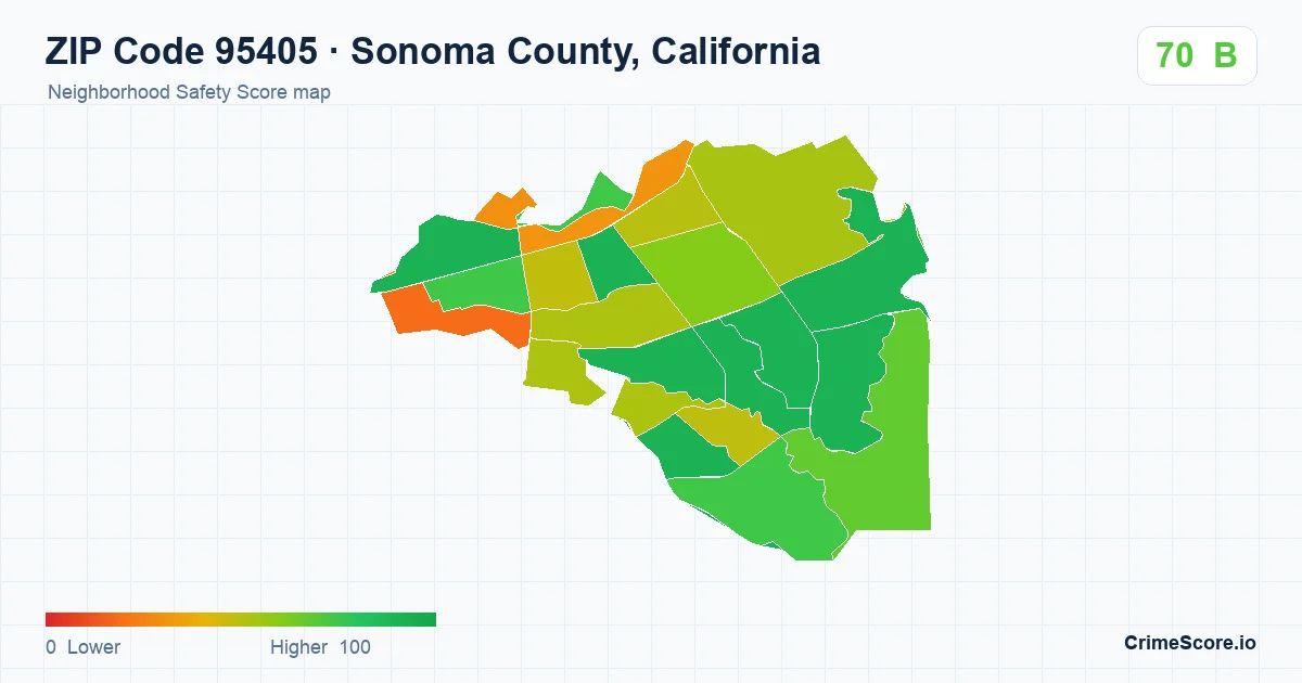 ZIP Code 95405 in Sonoma County, California neighborhood Safety Score map