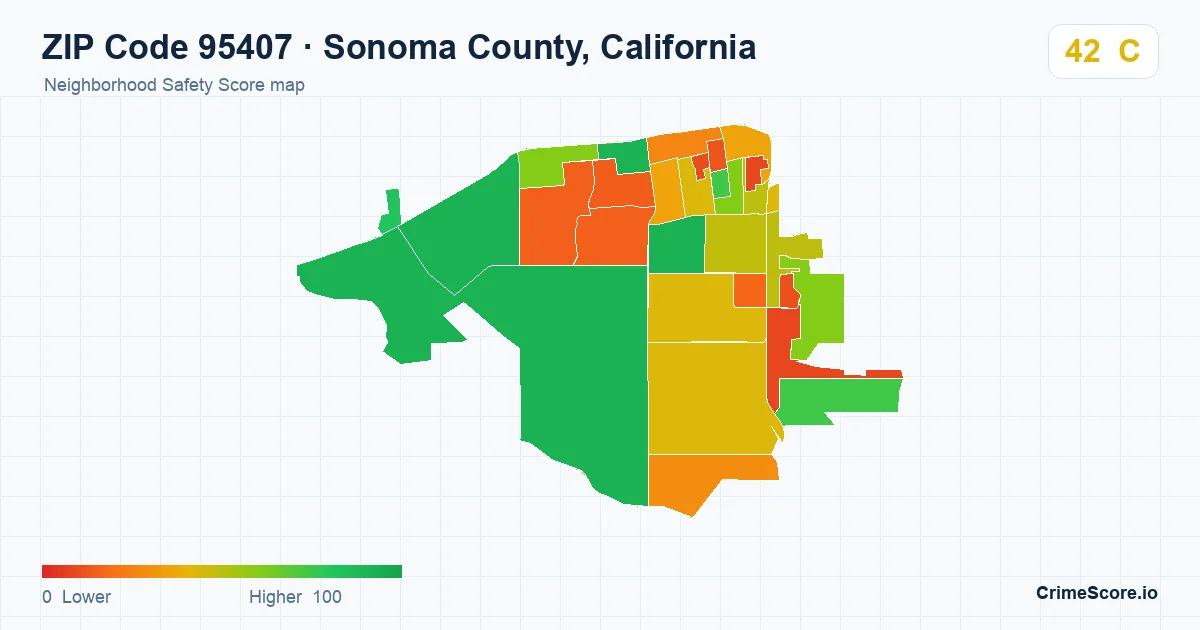 ZIP Code 95407 in Sonoma County, California neighborhood Safety Score map