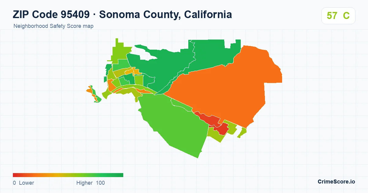 ZIP Code 95409 in Sonoma County, California neighborhood Safety Score map