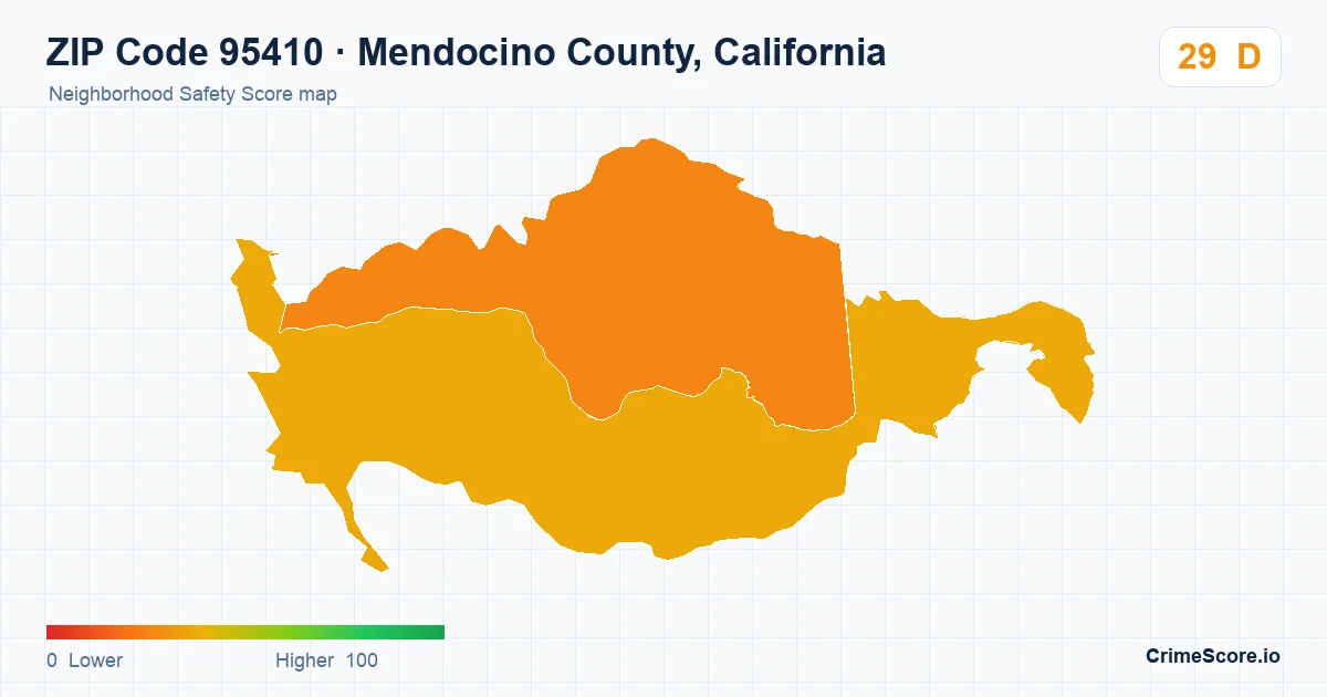 ZIP Code 95410 in Mendocino County, California neighborhood Safety Score map