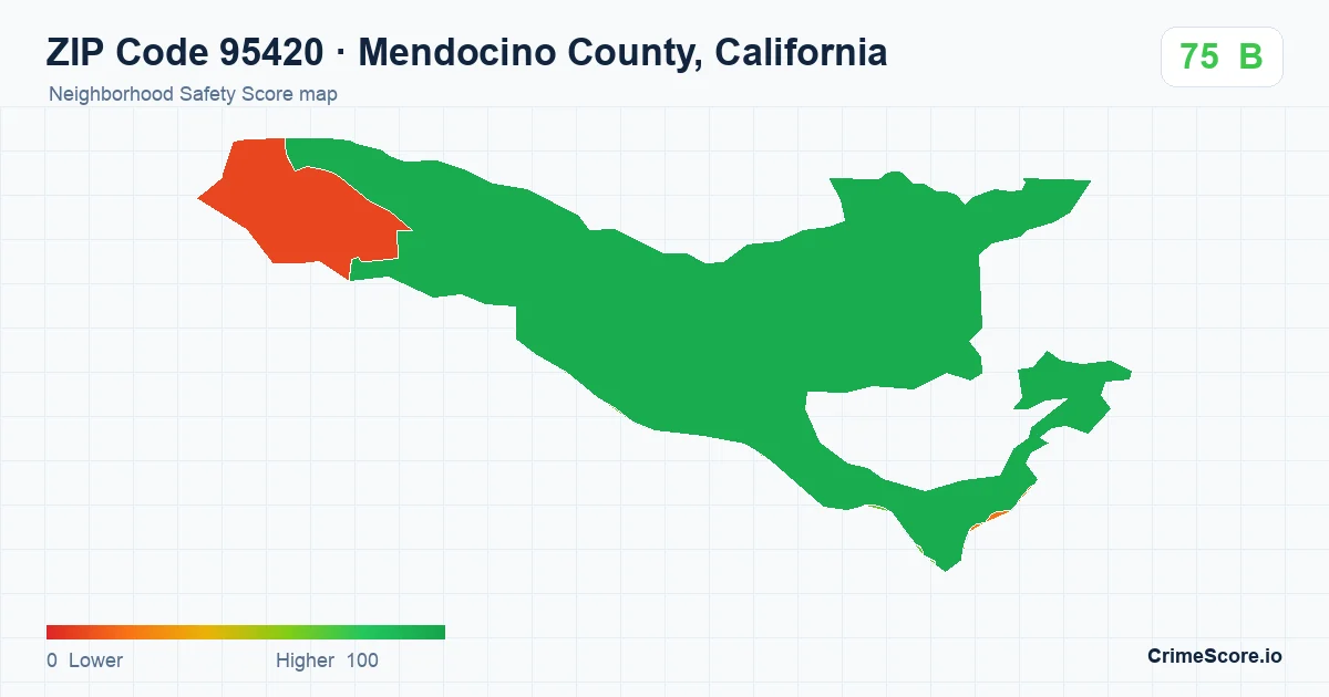 ZIP Code 95420 in Mendocino County, California neighborhood Safety Score map