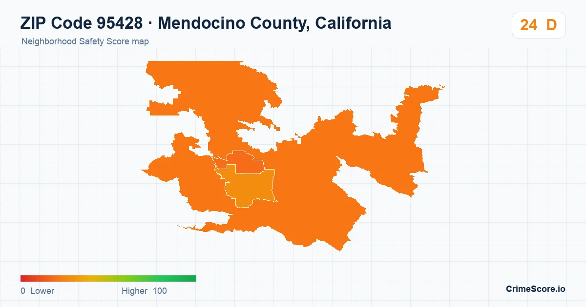 ZIP Code 95428 in Mendocino County, California neighborhood Safety Score map