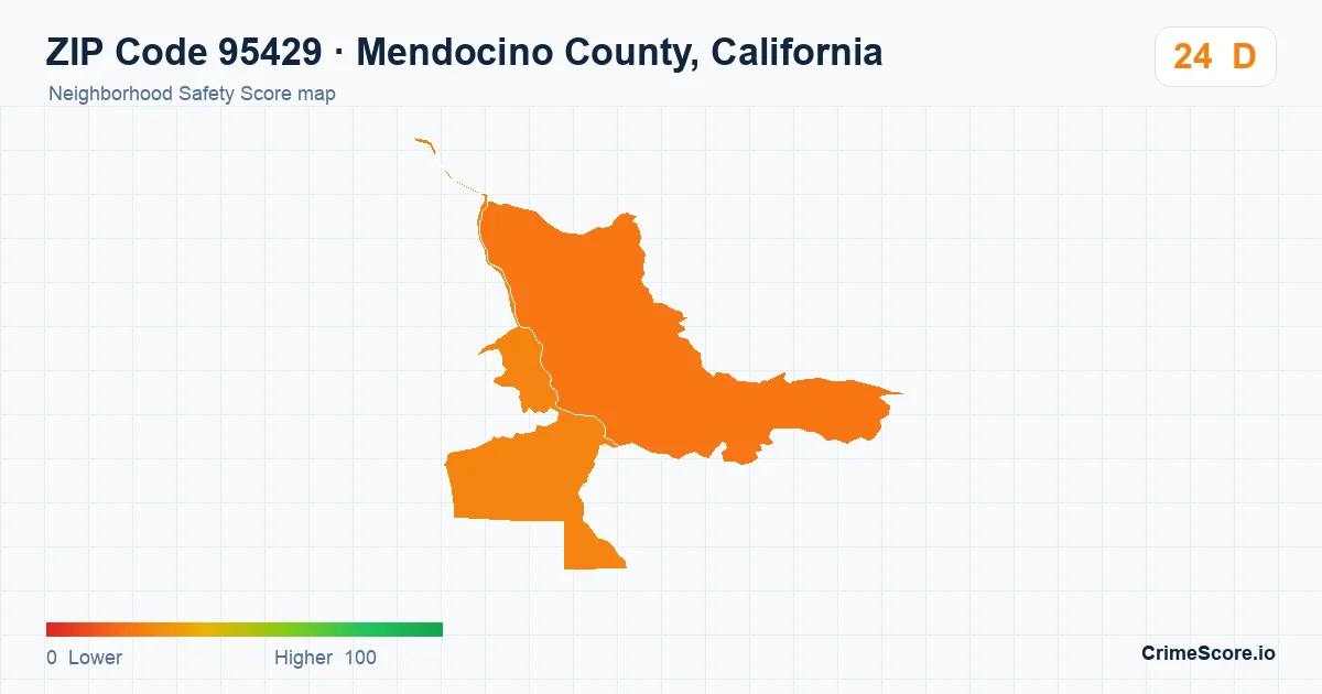 ZIP Code 95429 in Mendocino County, California neighborhood Safety Score map