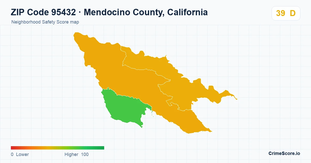 ZIP Code 95432 in Mendocino County, California neighborhood Safety Score map