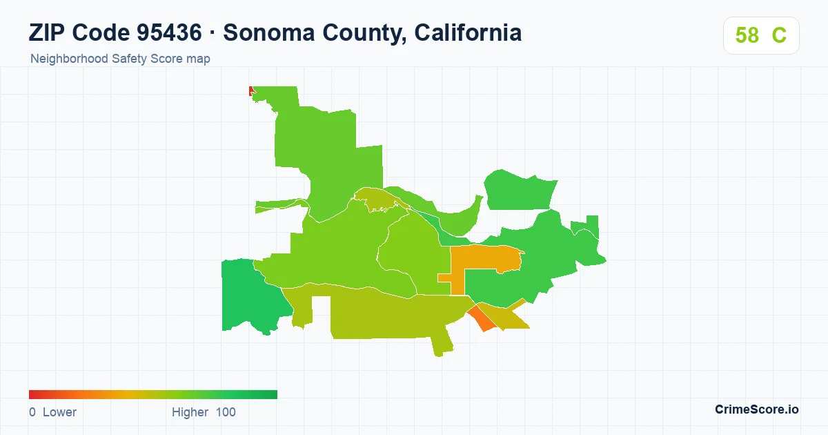 ZIP Code 95436 in Sonoma County, California neighborhood Safety Score map