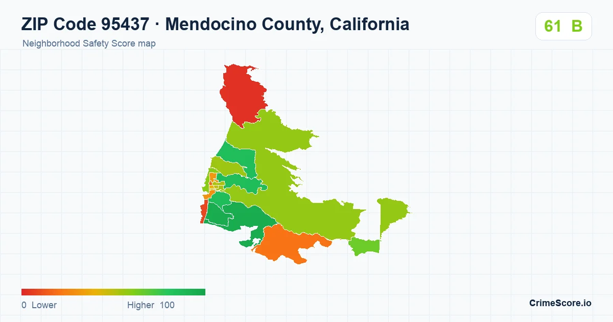 ZIP Code 95437 in Mendocino County, California neighborhood Safety Score map