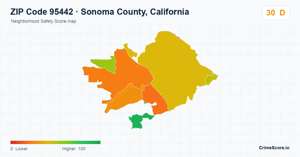 ZIP Code 95442 in Sonoma County, California neighborhood Safety Score map