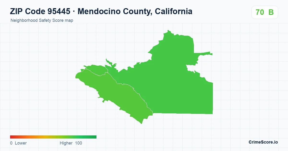 ZIP Code 95445 in Mendocino County, California neighborhood Safety Score map
