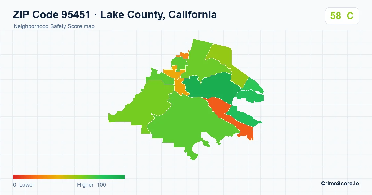ZIP Code 95451 in Lake County, California neighborhood Safety Score map