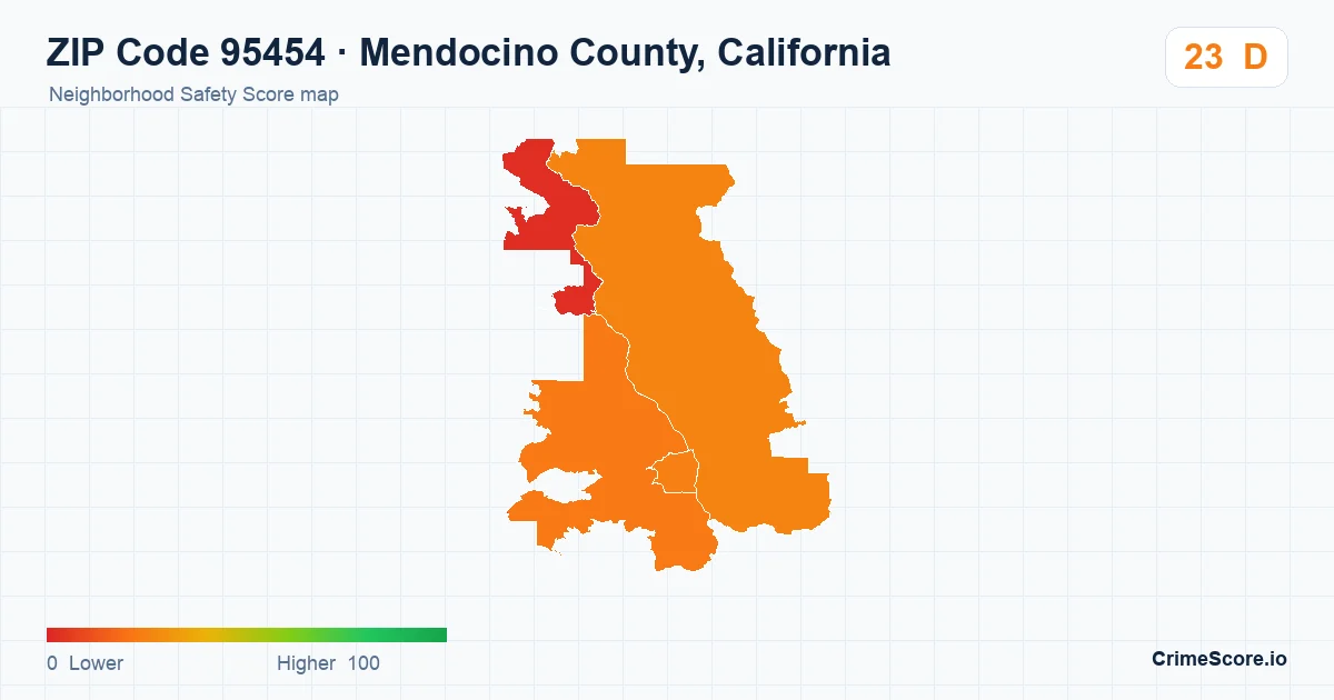 ZIP Code 95454 in Mendocino County, California neighborhood Safety Score map