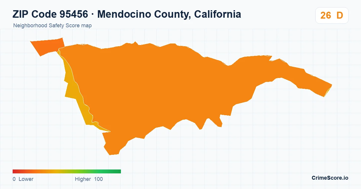 ZIP Code 95456 in Mendocino County, California neighborhood Safety Score map