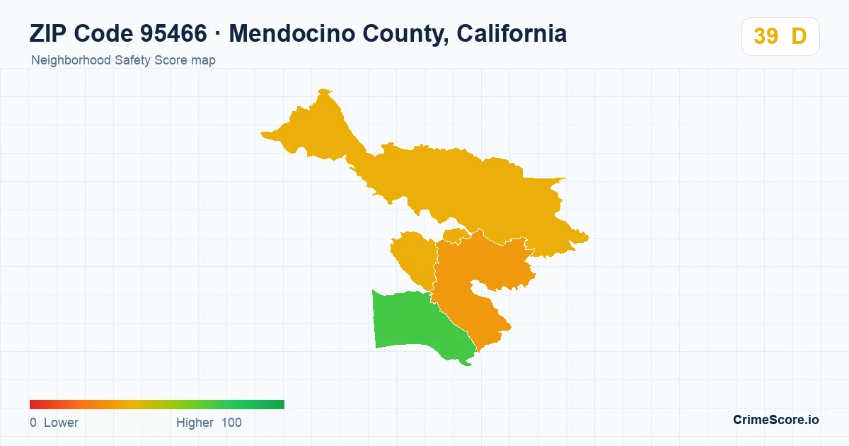 ZIP Code 95466 in Mendocino County, California neighborhood Safety Score map