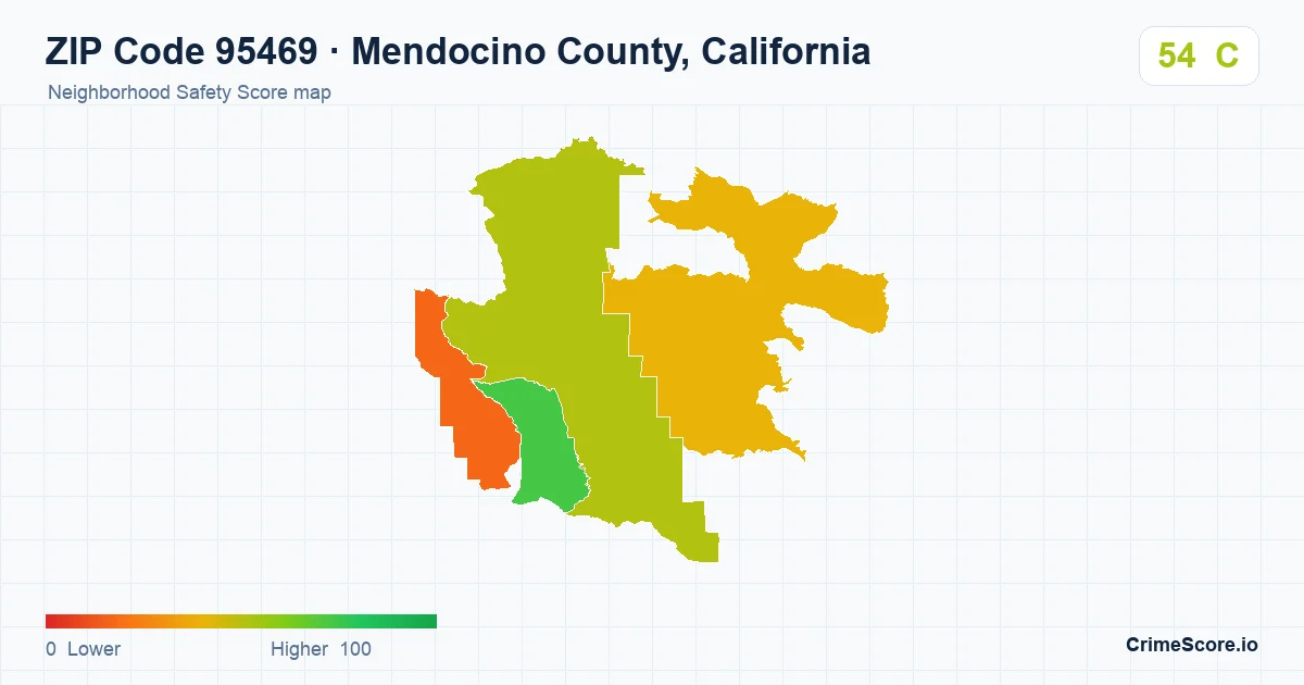 ZIP Code 95469 in Mendocino County, California neighborhood Safety Score map