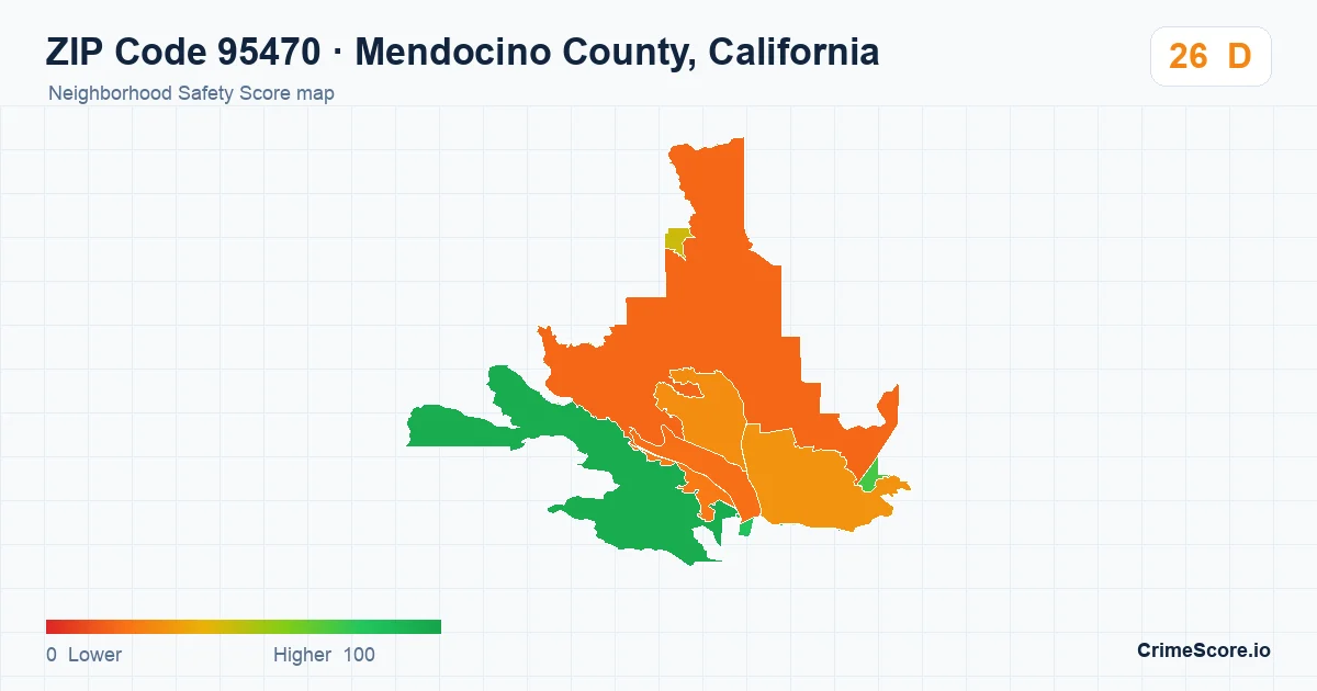 ZIP Code 95470 in Mendocino County, California neighborhood Safety Score map